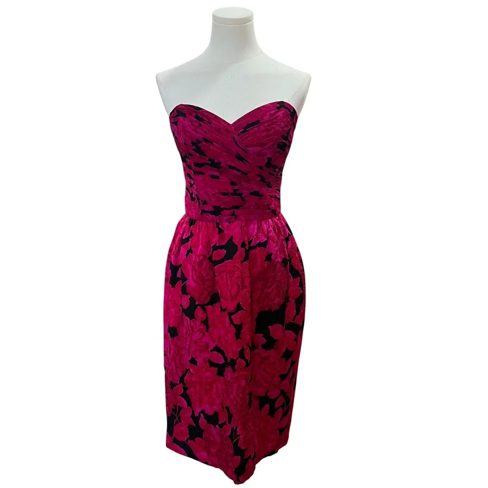 Vintage Rickie Freeman Teri Jon Silk Brocade Strapless Dress Set Fuchsia Black 6